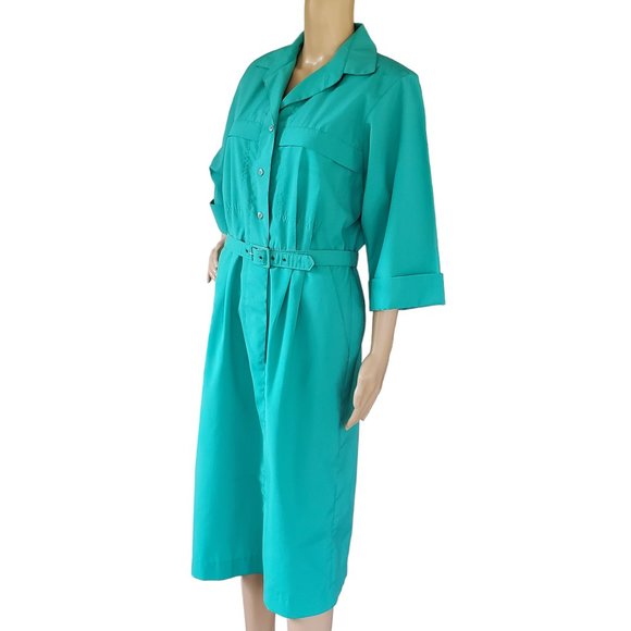 Vintage 80s Shirt Dress Women's Medium Green Career Secretary Pockets Belt Midi - Picture 1 of 14